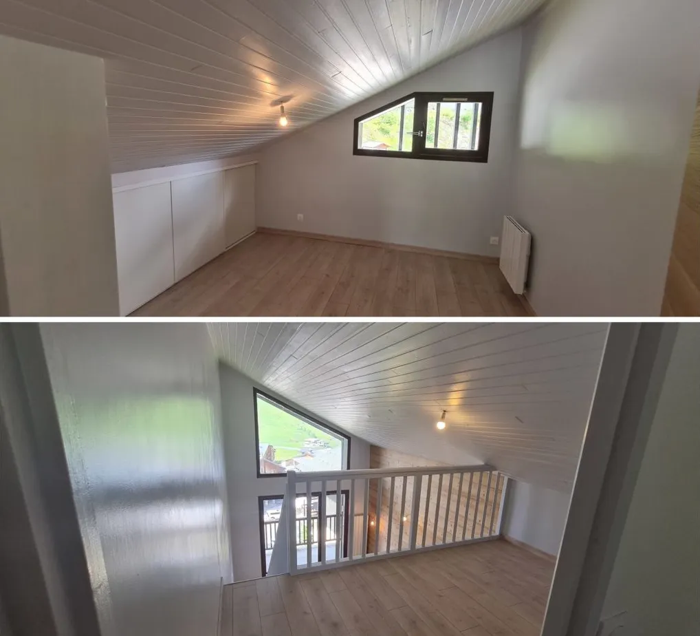Mezzanine aux lambris repeints dans un appartement des Saisies
